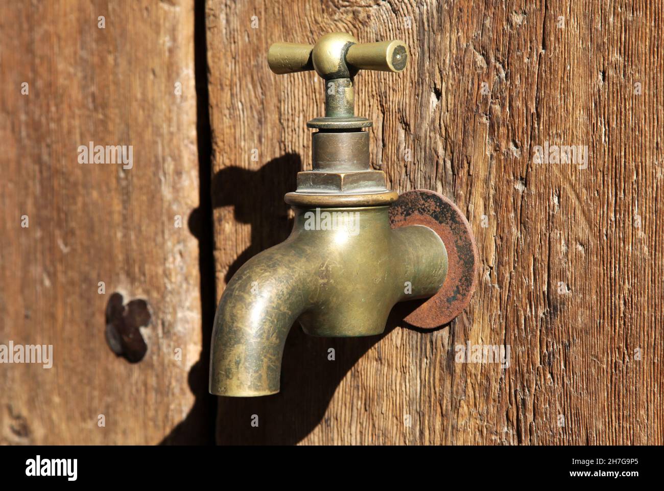 Grifo de agua de latón sólido, grifo en una puerta de madera. Foto de stock