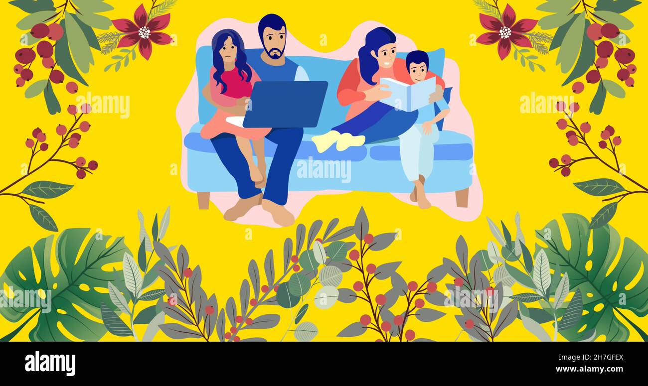 Imagen de la ilustración de la familia sentada en el sofá usando un portátil y un libro de lectura, con plantas Foto de stock