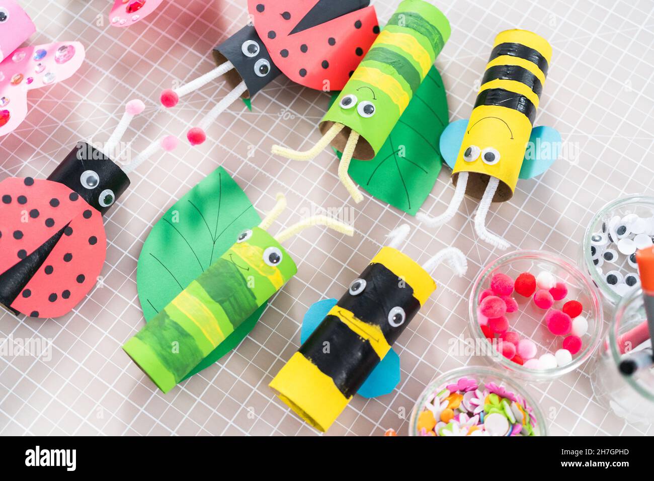 Haciendo diferentes insectos de rollos de papel higiénico vacíos durante la  clase de arte homeschooling Fotografía de stock - Alamy