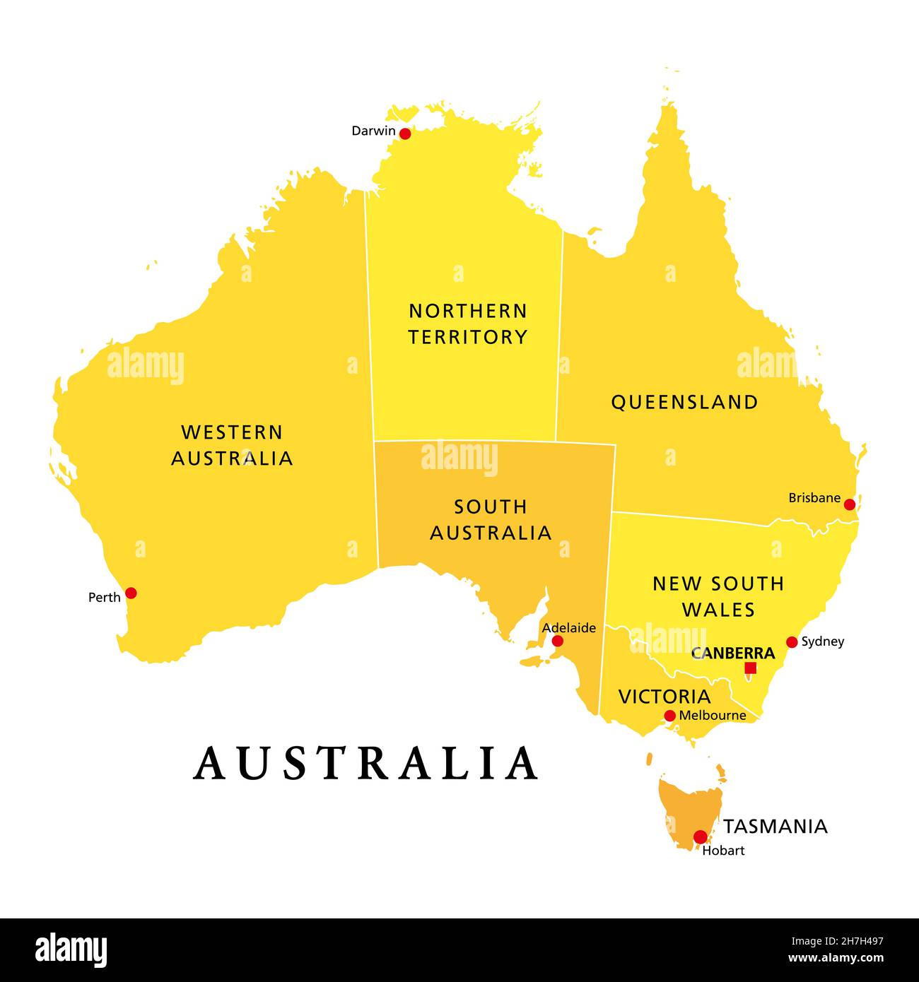 Australia, mapa político, con la capital Canberra, estados administrativos y territorios. El Commonwealth de Australia, un país y un continente. Foto de stock