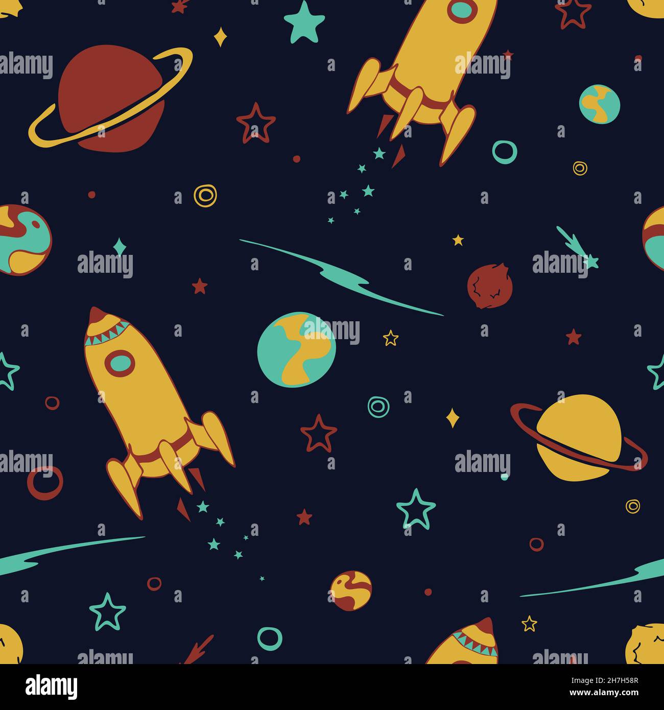 Patrón vectorial sin costuras con planetas y cohetes sobre fondo azul