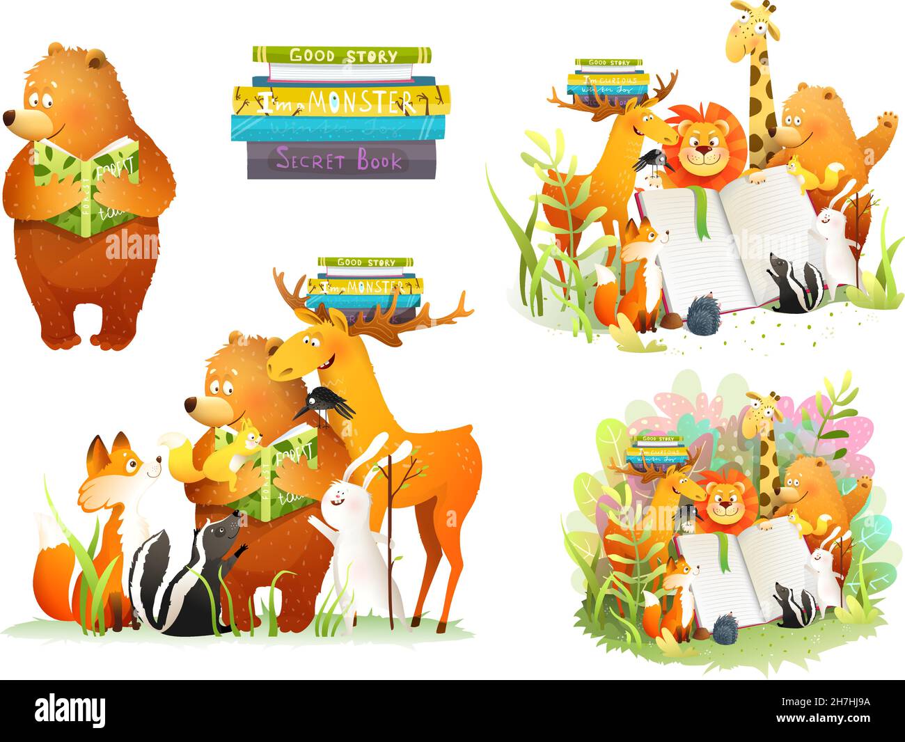 Animales de los Bosques Lectura Libro o Estudio en la Escuela Ilustración del Vector