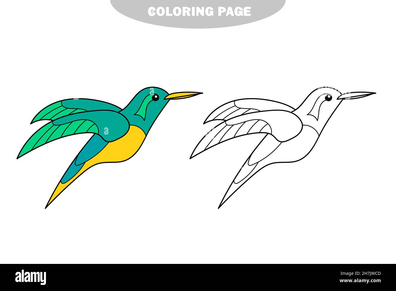 Página para colorear sencilla. Con un pequeño colibrí divertido. Niños  educativos juegos, dibujando actividad de los niños. Tema de los pájaros.  Versión en color y blanco y negro Imagen Vector de stock -