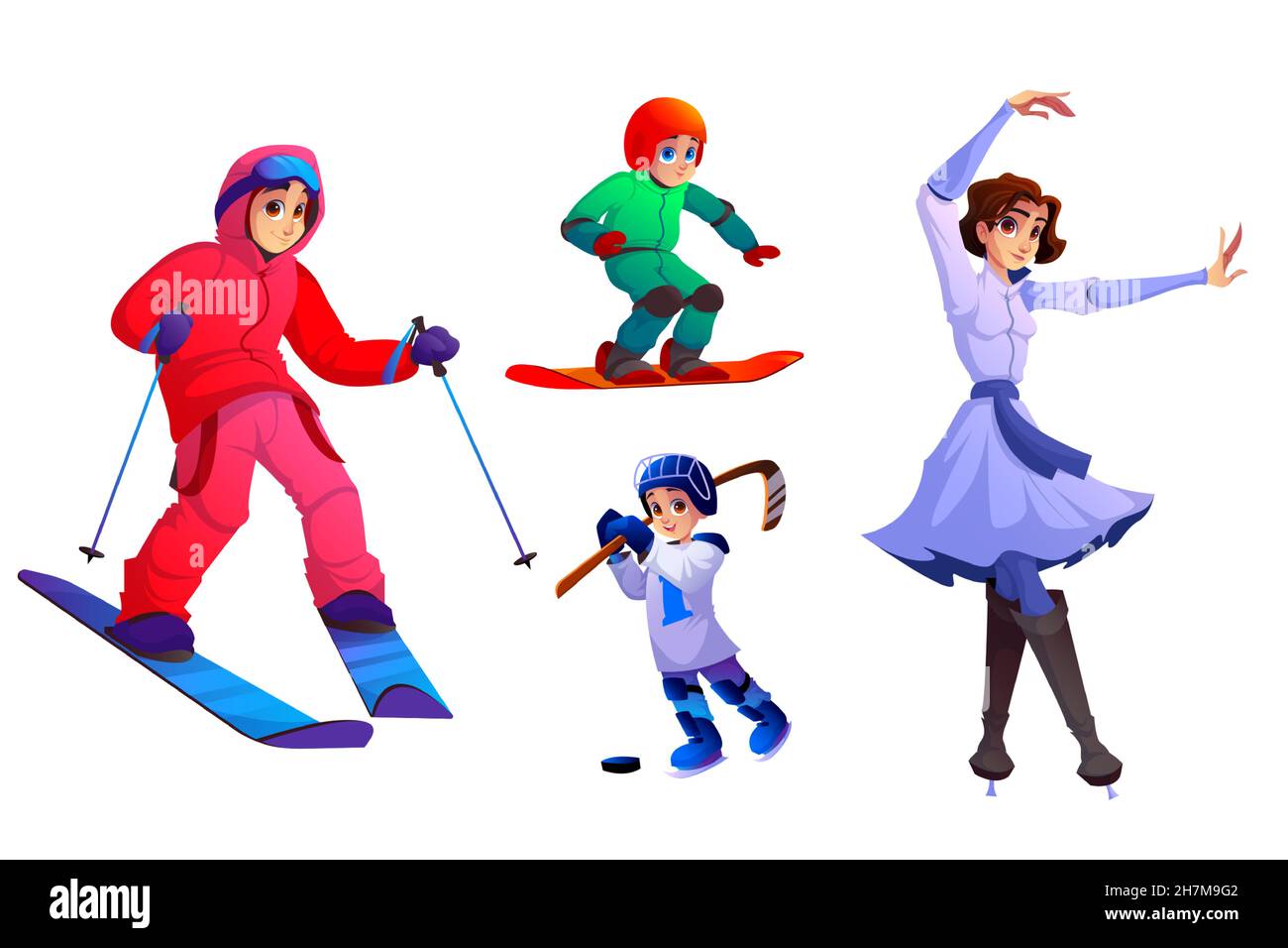 Gente con esquí, snowboard, patines, bastón de hockey y disco. Juego de  personajes de dibujos animados vectoriales con equipo de deportes de  invierno para montar sobre nieve y hielo. Hombre esquiador, niño