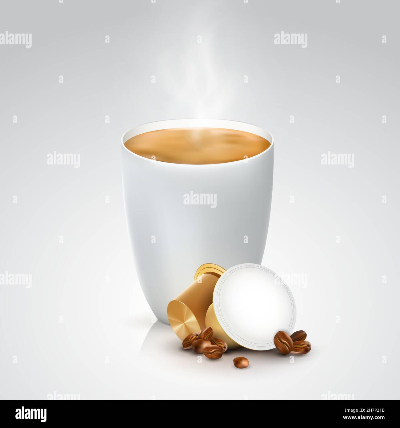 Cápsulas marrones para cafetera. Taza de café caliente con vainas y granos  de café sobre fondo blanco. 3D Ilustración vectorial realista Imagen Vector  de stock - Alamy