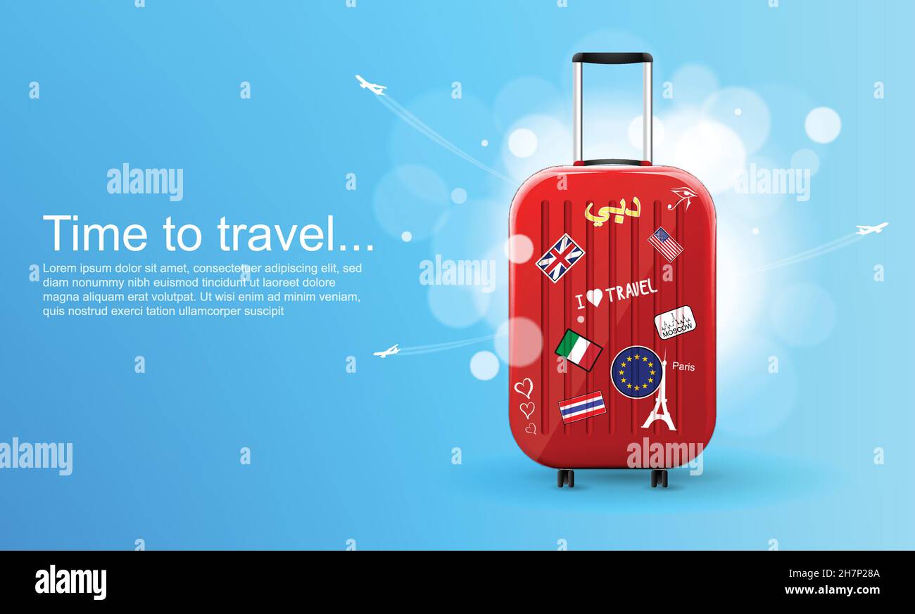 Bolsa de viaje de plástico con diferentes recuerdos de viaje. Tiempo para  viajar. Plantilla de banner de viaje. Ilustración vectorial Imagen Vector  de stock - Alamy