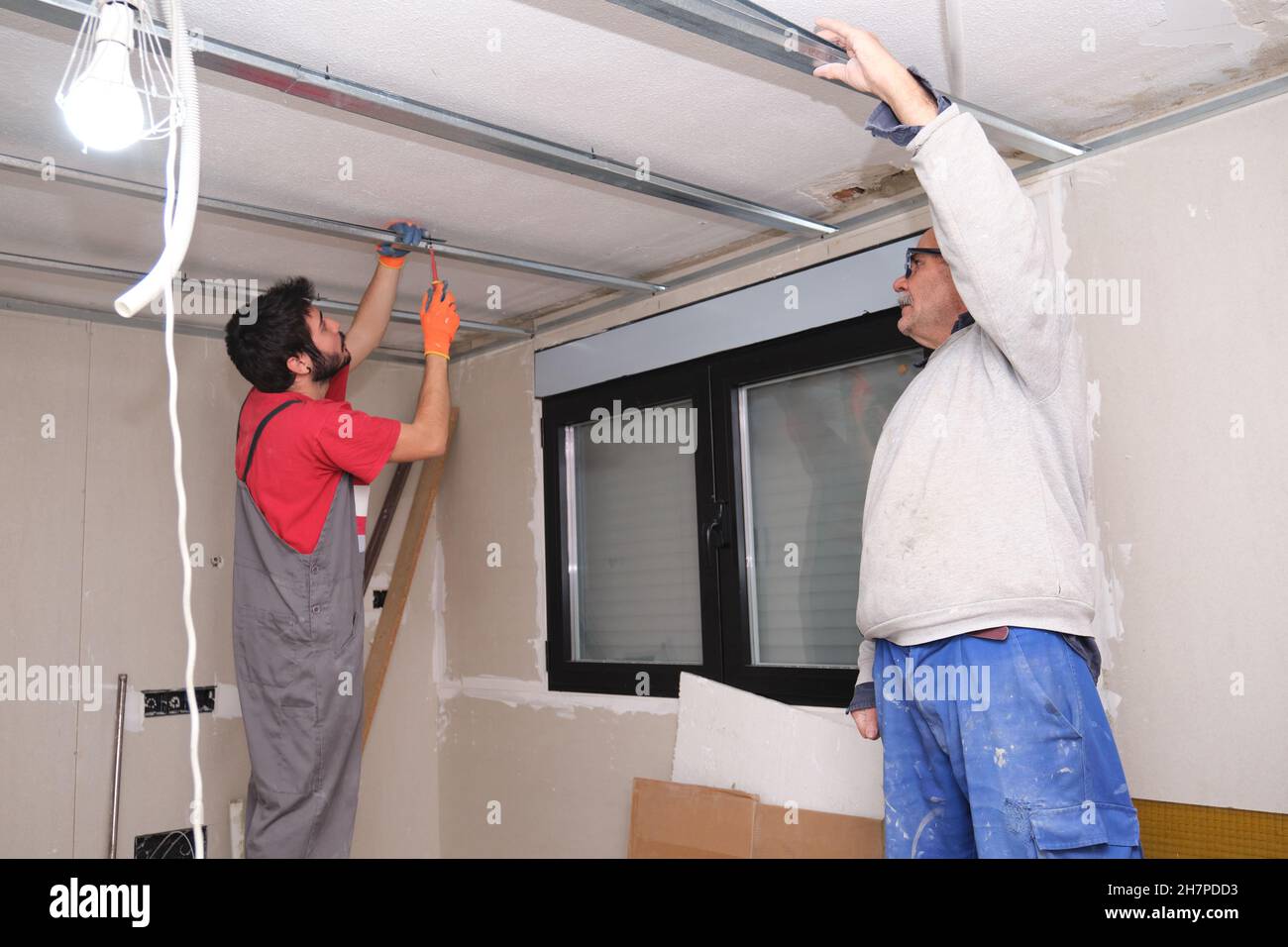 Dos trabajadores que ensamblan un marco de metal de techo suspendido con un destornillador. Foto de stock