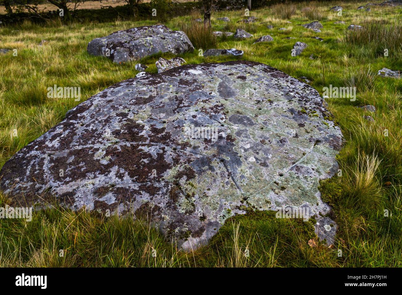 North Wales Rock Cannon, hoyos en roca o roca. Arma de polvo utilizada para hacer bangs en celebraciones paisaje con hierba. Foto de stock
