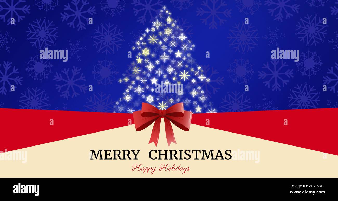 Feliz Navidad y año nuevo tarjeta de felicitación con cinta y árbol decorado iluminado Foto de stock