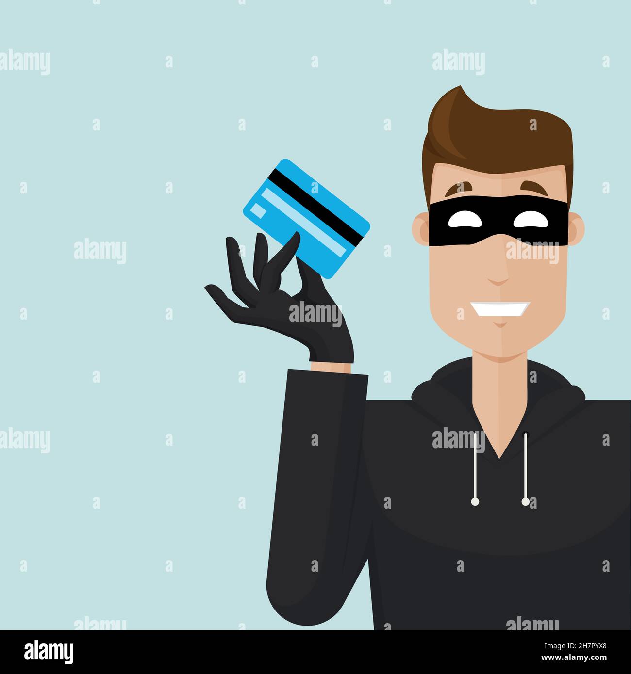 Un estafador tiene una tarjeta El ladrón robó la tarjeta de crédito, obtuvo acceso a la cuenta bancaria Imagen Vector de stock -