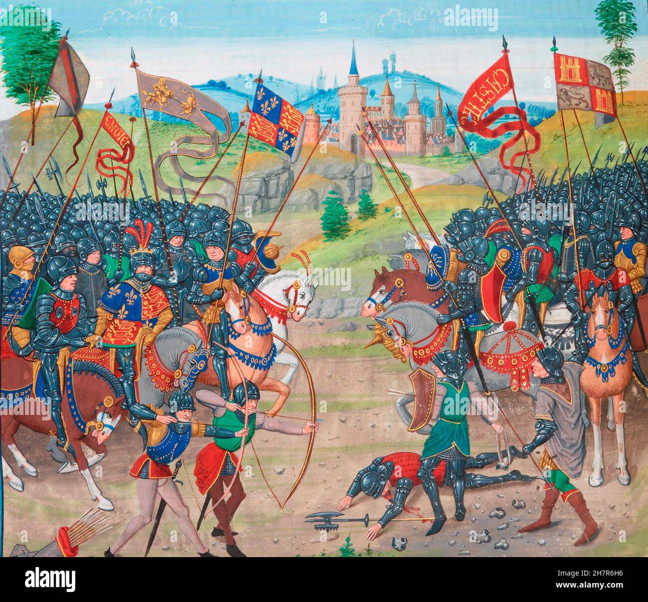 Batalla de Najera o la Batalla de Navarette con Juan de Gaunt, el Príncipe Negro, y Pedro el cruel aliado (a la izquierda de la imagen) contra Enrique II de Castilla y los franceses. Foto de stock