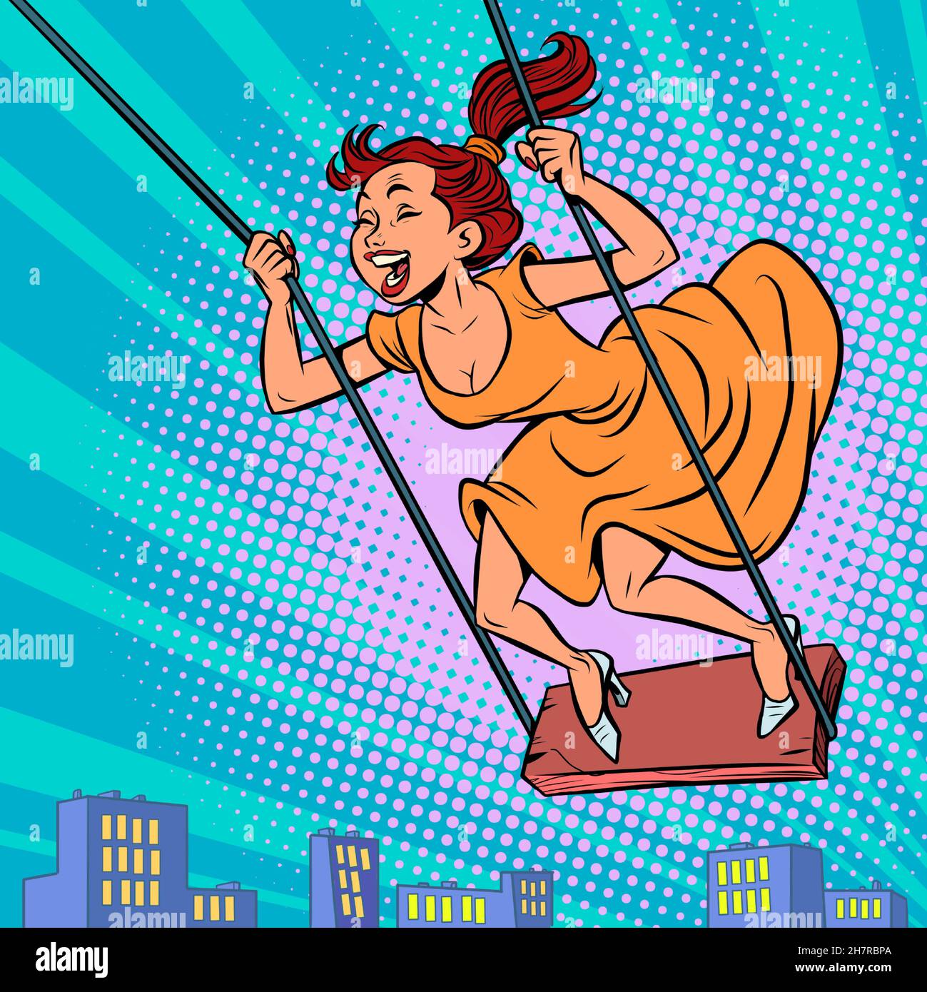 una mujer joven en un columpio, riendo y divirtiéndose, volando sobre la ciudad Ilustración del Vector