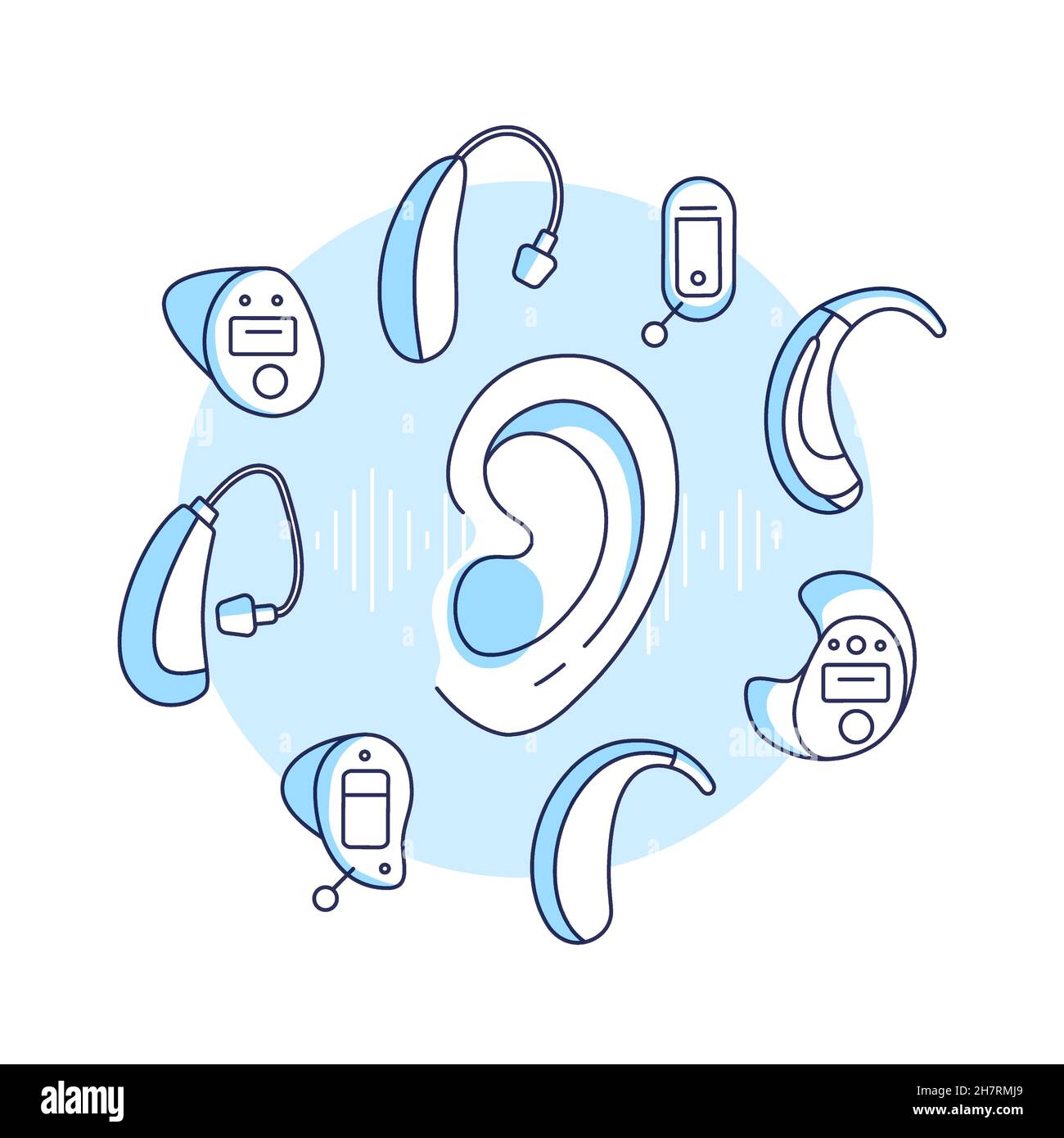 Concepto de sordera.Elegir un audífono para personas sordas.Diferentes  tipos de audífonos por tamaño, tipo.Ilustración vectorial lineal del oído  humano y el icono Imagen Vector de stock - Alamy