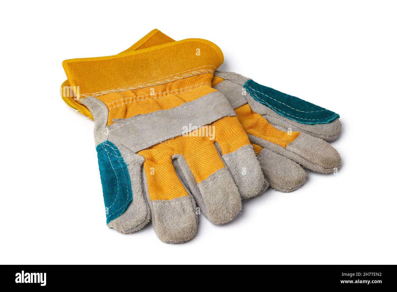 Par de guantes de trabajo aislado sobre fondo blanco. Foto de stock