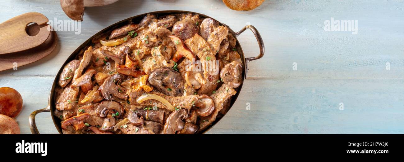 Panorama de stroganoff de carne de setas con ingredientes y un lugar para el texto, grabado desde arriba sobre un fondo de madera de color verde azulado Foto de stock