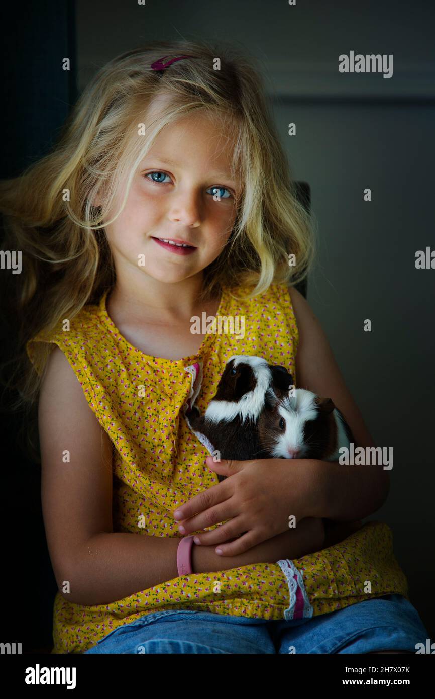 Una niña rubia dulce de 5 a 6 años con su mascota guinae cerdos Foto de stock