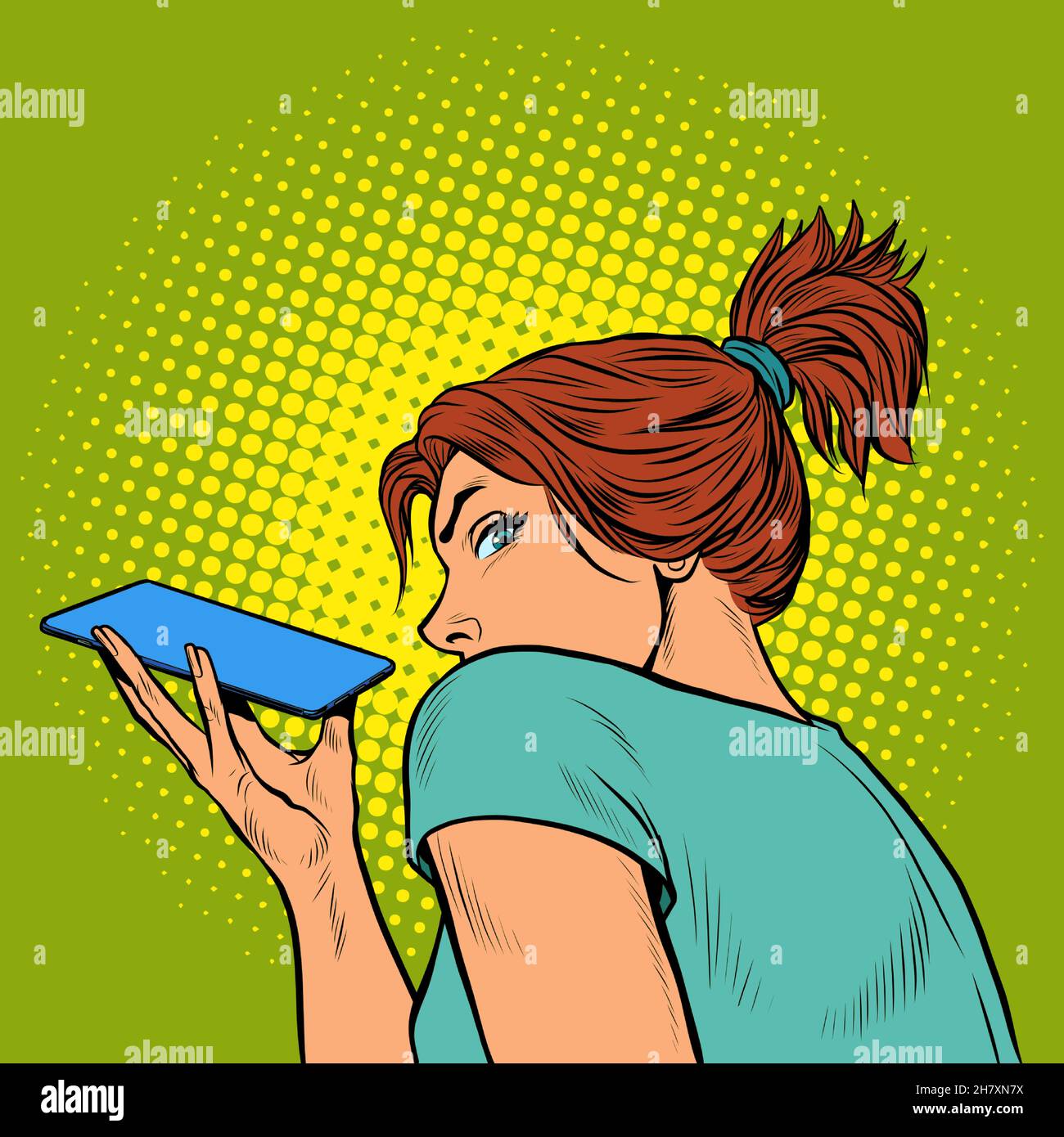 una mujer está hablando en un smartphone con un altavoz, sosteniendo el teléfono horizontalmente Ilustración del Vector