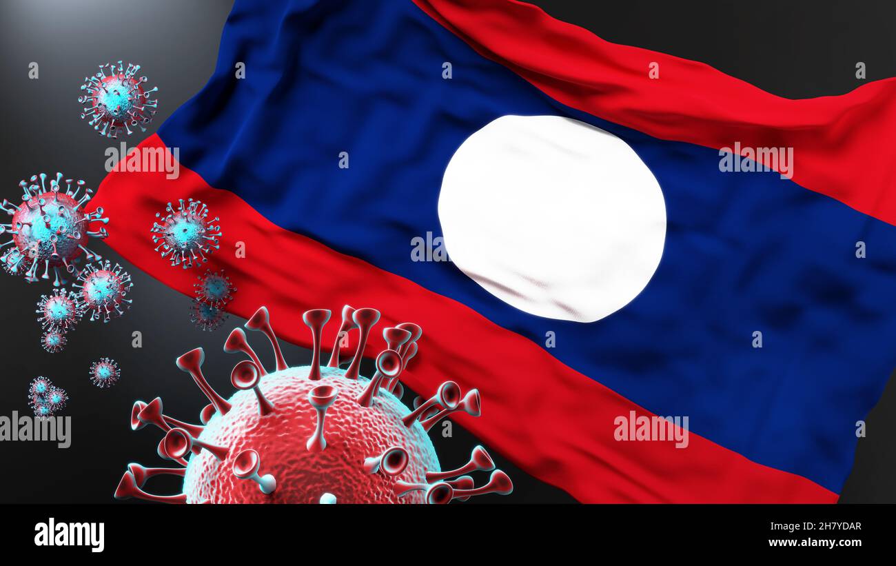 República Democrática Popular Lao y la pandemia de covid - virus de la corona que ataca su bandera nacional para simbolizar la lucha con el virus en este país, 3 Foto de stock