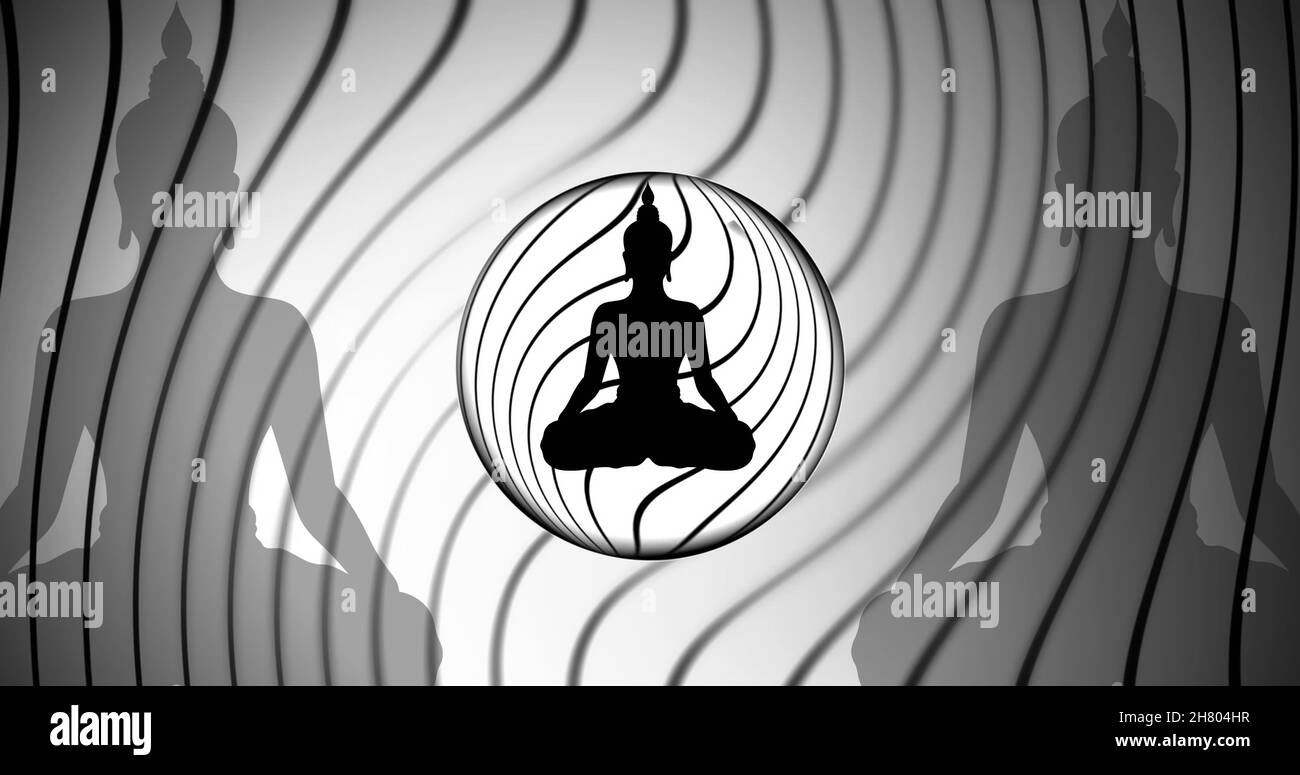 Imagen de la figura de buda meditando sobre líneas negras y círculos sobre fondo gris Foto de stock