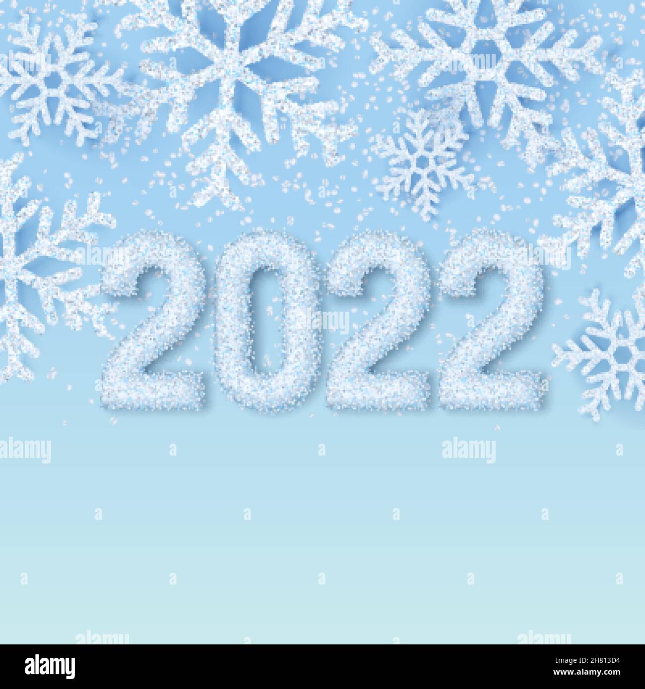 Feliz Año Nuevo 2022 números de nieve blanca en invierno abstracto fondo azul con copos de nieve realistas. Elegante pancarta, póster, tarjeta de felicitación Ilustración del Vector