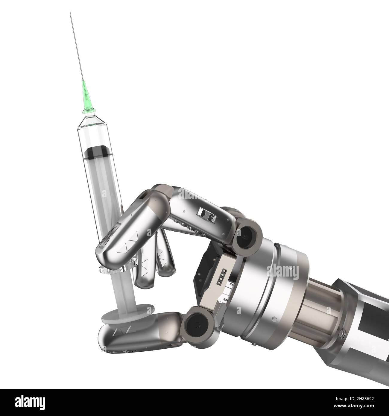 Concepto de tecnología médica con jeringa robótica de mano de renderizado en 3d aislada en blanco Foto de stock