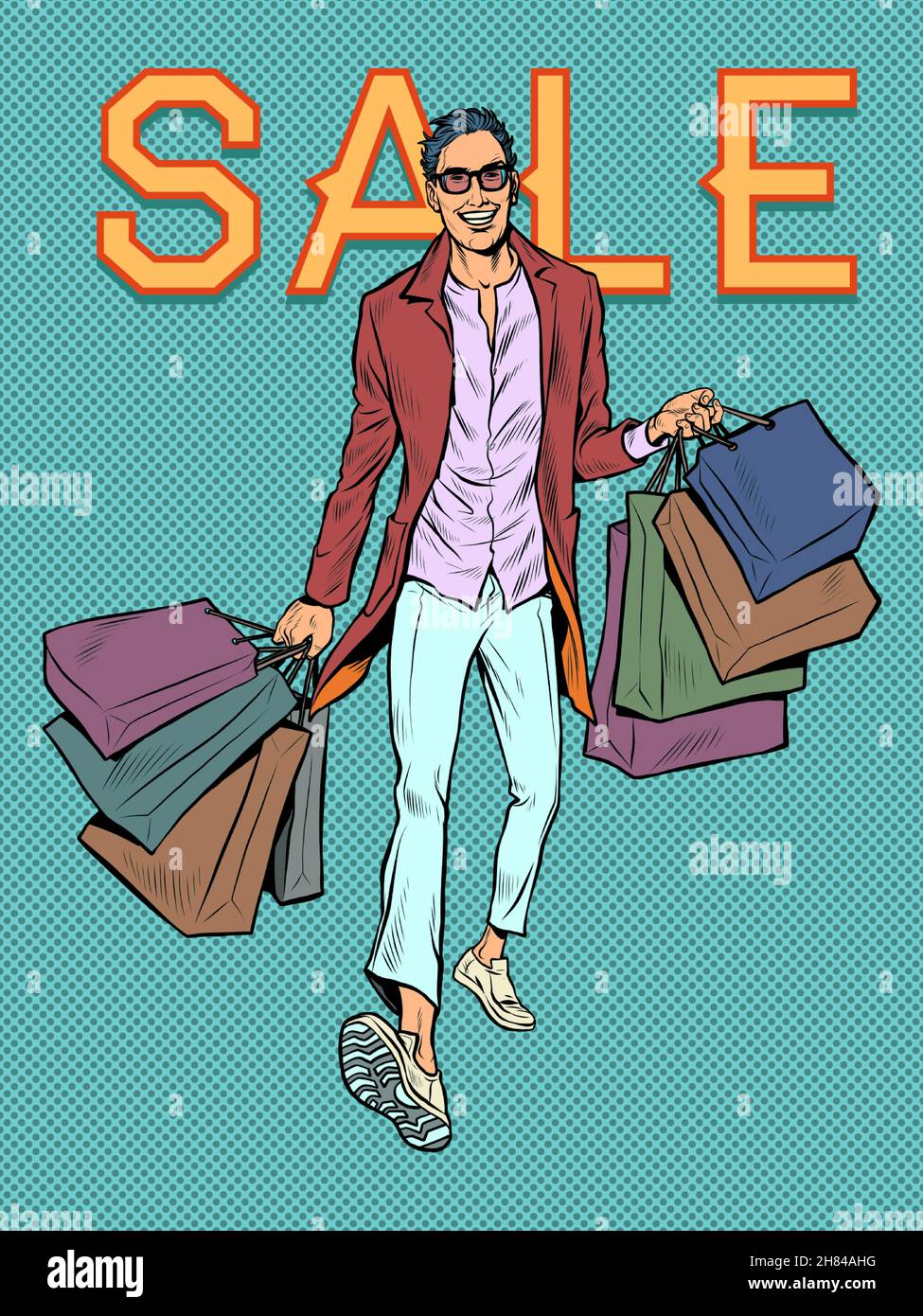 Ventas y descuentos en vacaciones Un hombre con bolsas de compras. Ventas en tiendas. El shopaholic compró muchos productos Ilustración del Vector