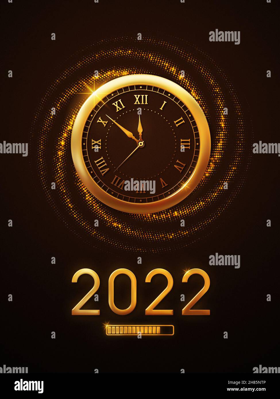 Reloj de cuenta atrás del año nuevo 2022 muestra la carga del año nuevo 2022 con un reloj dorado metalizado y brillo. Feliz Año Nuevo 2022 Fondo de pantalla y antecedentes Foto de stock