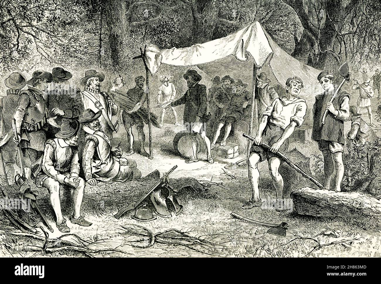 Jamestown, Virginia, fue el primer asentamiento inglés permanente en América. Fue fundada el 13 de mayo de 1607. Esta ilustración de finales de 1890 muestra a los colonos el primer día de la colonia, según lo que se sabía y entendía de la colonia a finales de 1800s. Foto de stock