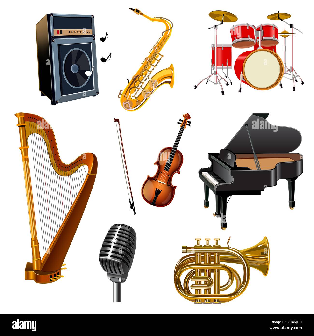 Instrumentos musicales iconos decorativos con batería de guitarra arpa piano violín ilustración vectorial aislada Ilustración del Vector