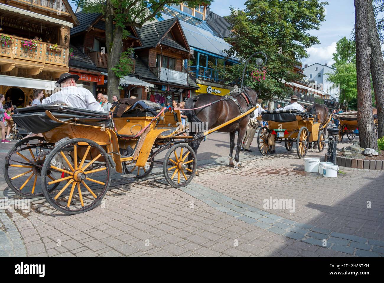 Zakopane, Polonia - 6 de agosto de 2019 : Carro de caballos esperando a los turistas en la calle Krupowki en Zakopane en el verano. Caballos enjaezados. Turis Foto de stock