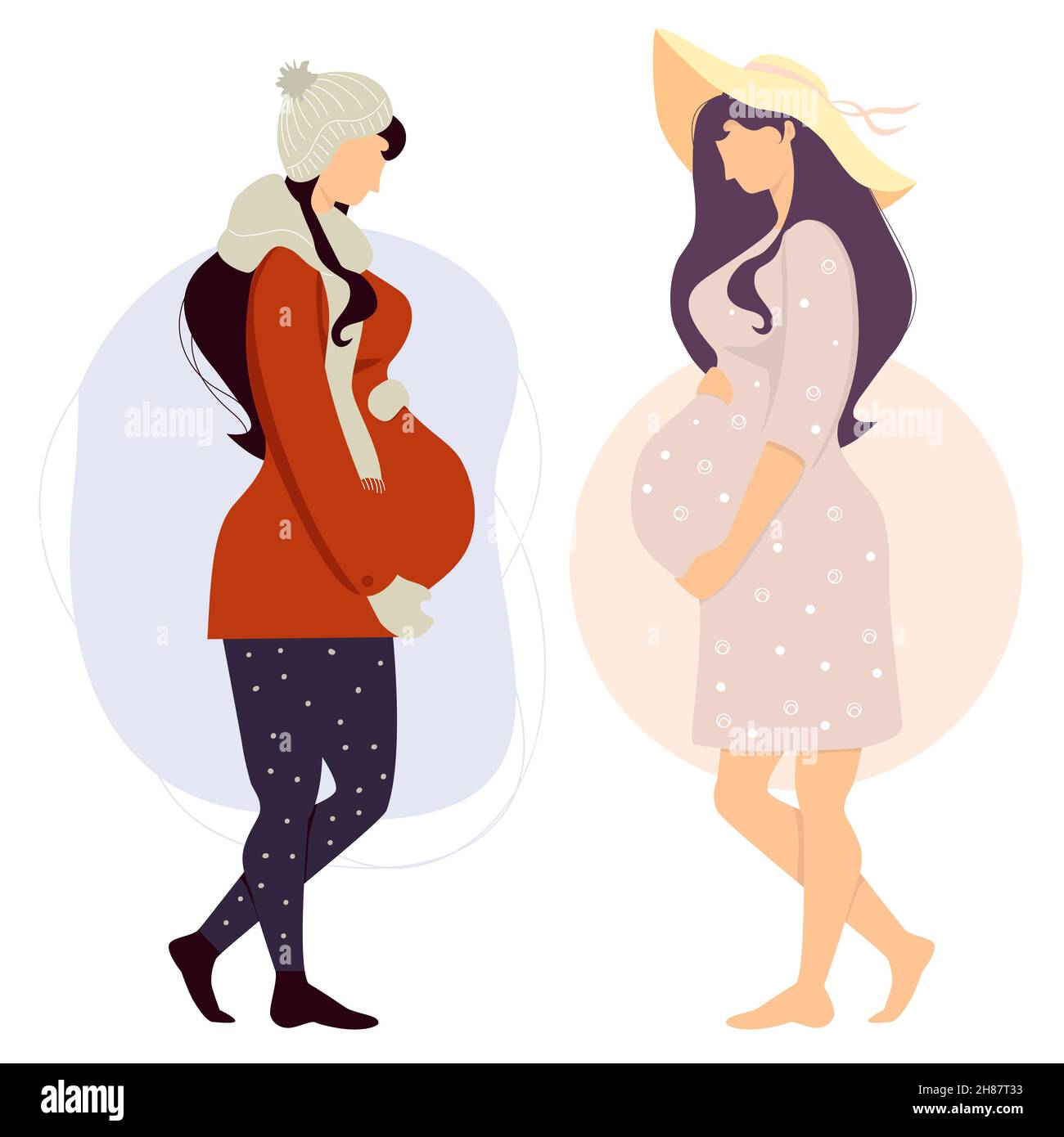 Feliz niña embarazada en ropa de invierno y linda mujer en ropa de verano  abraza su vientre. Ilustración vectorial. Concepto de salud y maternidad de  la mujer, p Imagen Vector de stock -