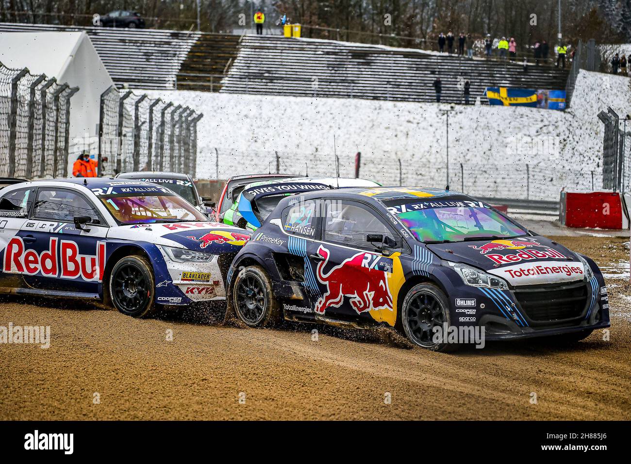 21 HANSEN Timmy (SWE), TEAM Hansen World RX Team, Peugeot 208, World RX, ACTION, 01 KRISTOFFERSSON Johan (SWE), TEAM KYB EKS JC, Audi S1, World RX, ACTION DURANTE EL WORM RX DE ALEMANIA, 9th Y 8th REDONDA DEL Campeonato Mundial de Rallycross FIA 2021, FIA WRX, Del 27 y 28 de noviembre en Nurburgring, en Nurburg, Alemania - Foto: Paulo Maria/DPPI/LiveMedia Foto de stock