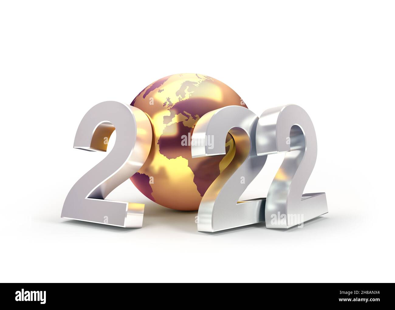 2022 Número de fecha de Año Nuevo compuesto por un planeta dorado tierra, aislado sobre blanco - ilustración 3D Foto de stock
