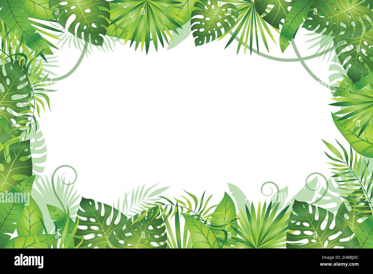 Fondo de la selva. Marco de hojas tropicales. Plantas de follaje de la selva tropical, árboles de pasto verde. Paraíso Selva africana Ilustración del Vector