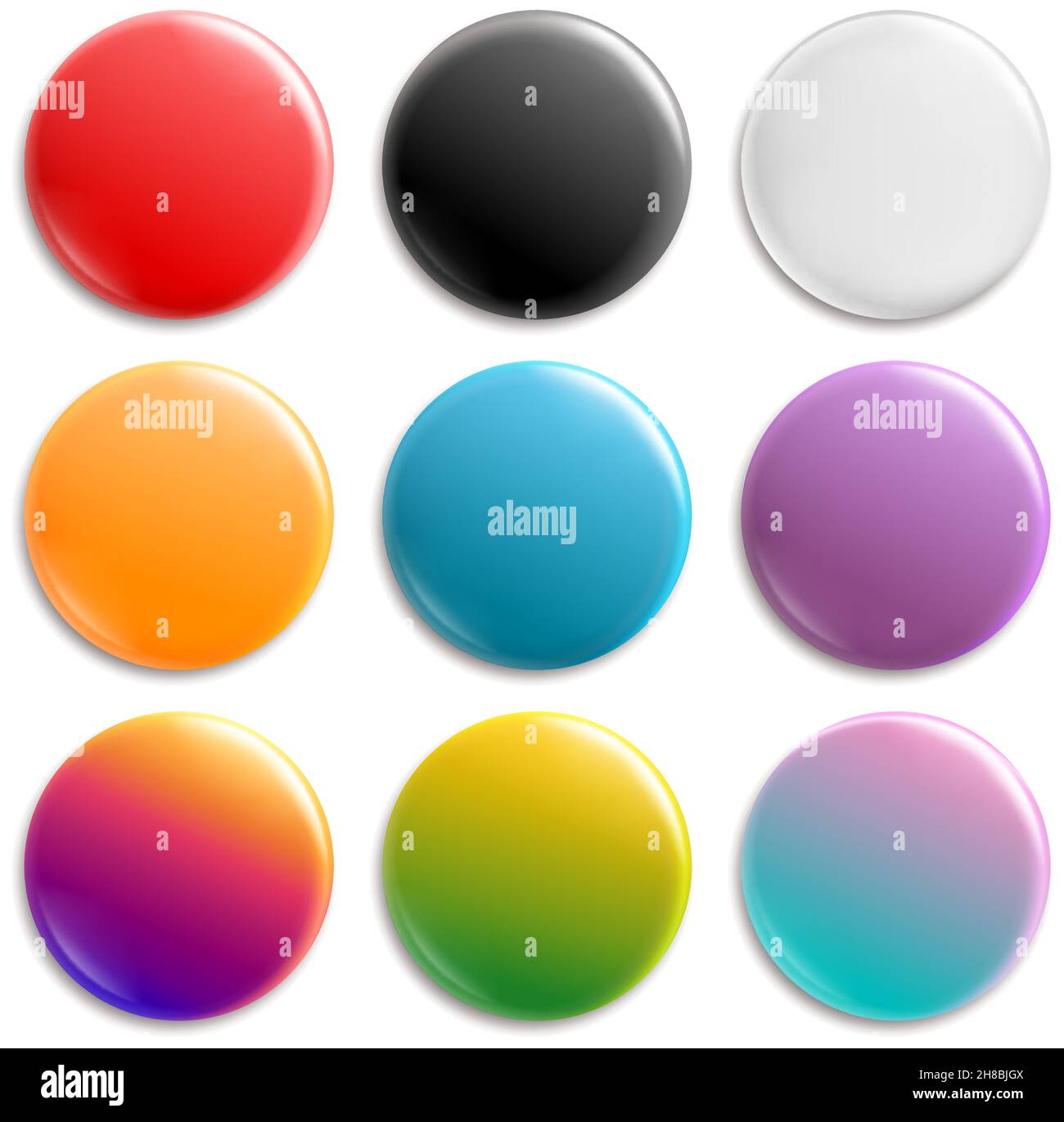 Insignias de colores. Botón de icono de distintivo con pasador. Blanco brillante y círculo de color 3D botones pulsadores, juego de broche de disco Ilustración del Vector