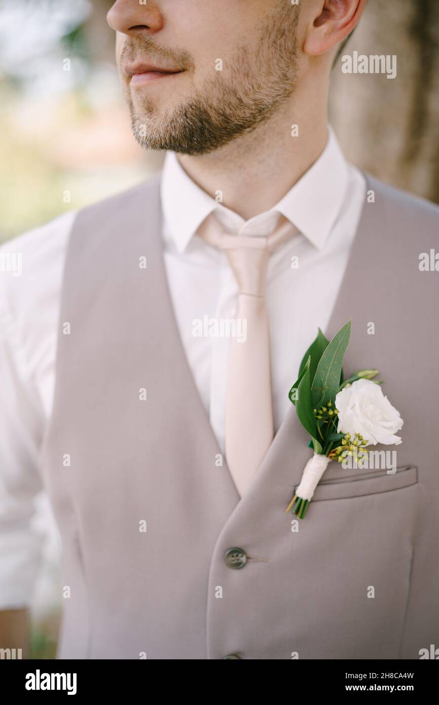 Novio en una camisa blanca, corbata y chaleco con una boutonniere. Primer  plano Fotografía de stock - Alamy