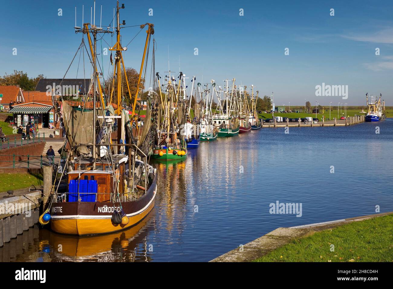 Puerto pesquero con barcos camaroneros, Krummhoern, Alemania, Baja Sajonia, Frisia Oriental, Greetsiel Foto de stock