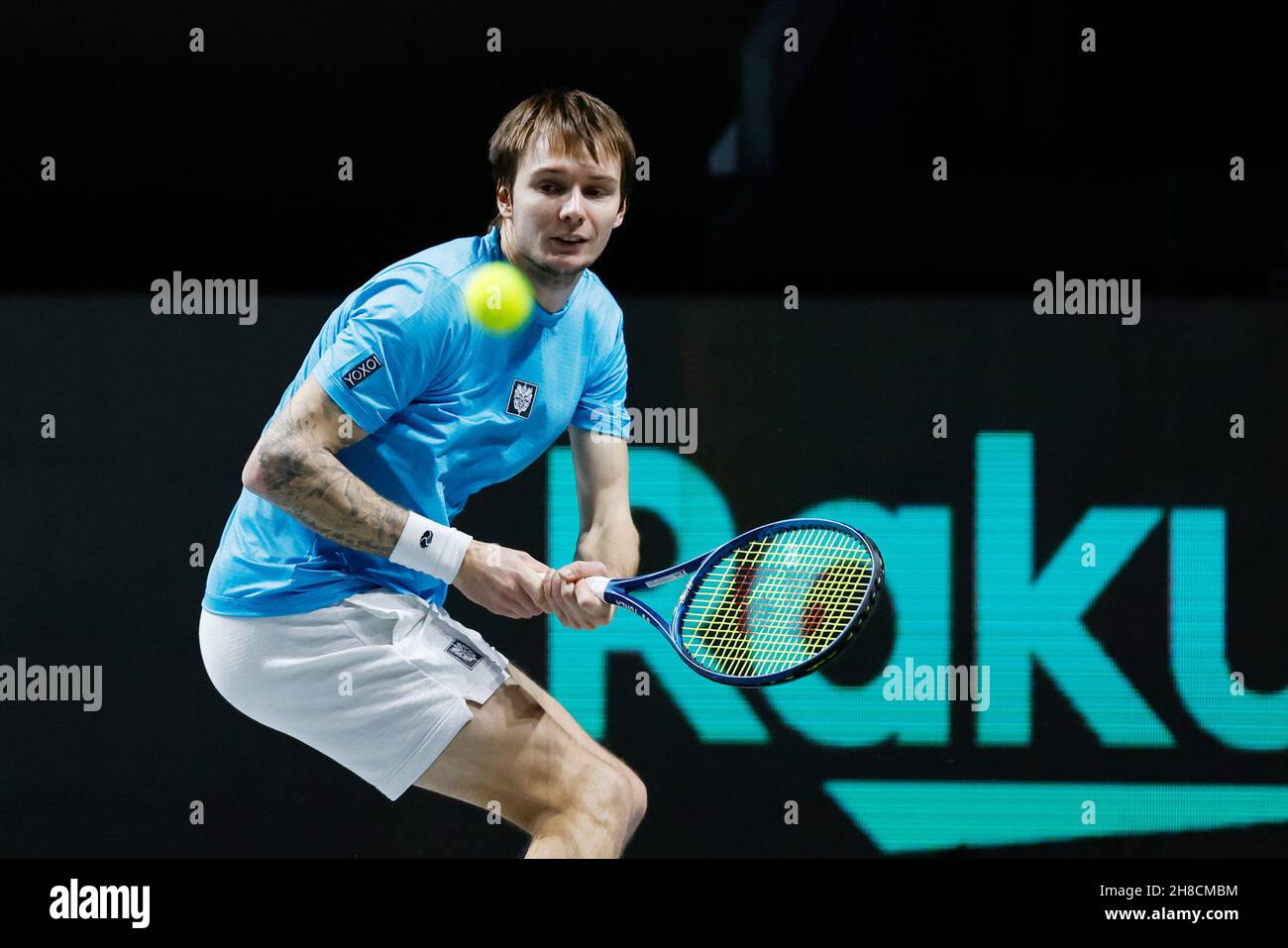 Alexander Bublik de Kazajstán durante la Copa Davis 2021, Grupo B de tenis partido entre Canadá y Kazajstán el 28 de noviembre de 2021 en Madrid Arena en Madrid, España - Foto: Oscar Barroso/DPPI/LiveMedia Foto de stock