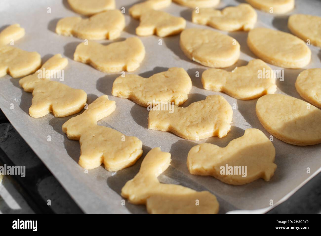 Listo para hornear galletas cortadas en forma de conejo, huevo y pollo en  papel de pergamino Fotografía de stock - Alamy