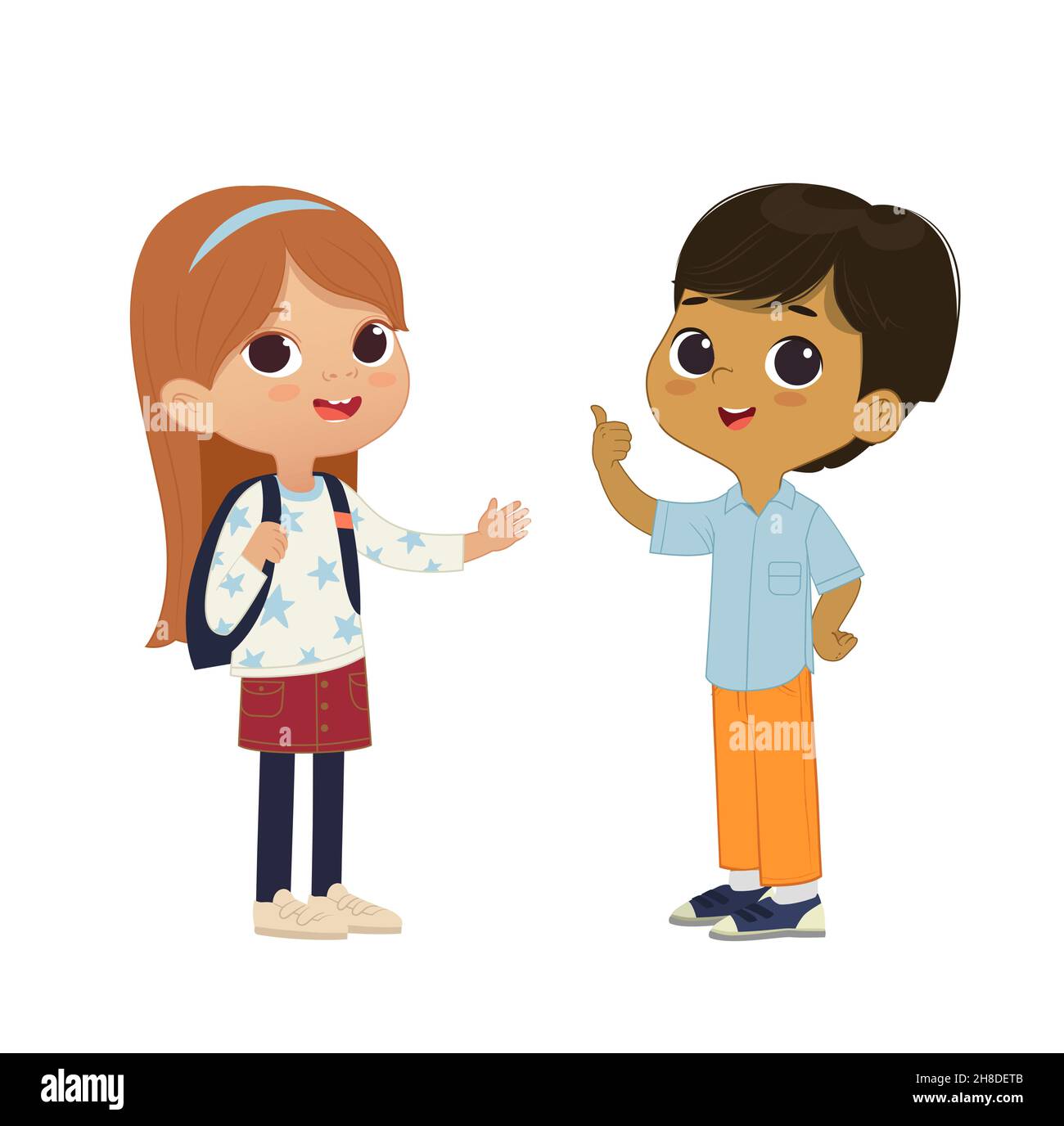 Ilustración de vector de dibujos animados de la sonrisa lindo niño y niña  apuntando a una burbuja con lugar para el texto. Niños preescolares niño y  niña. Los niños de la escuela