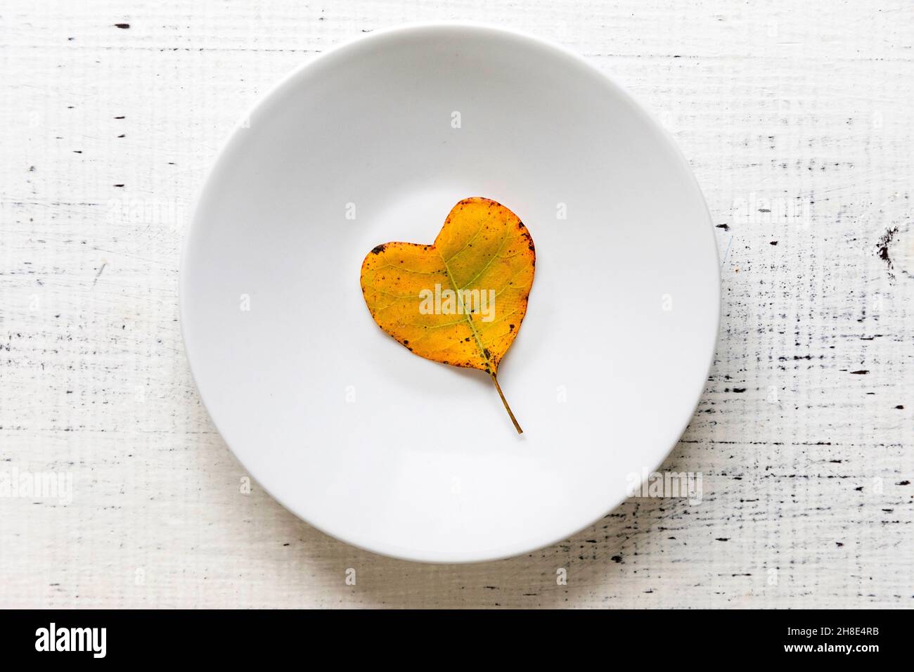 Hoja amarilla en forma de corazón sobre un plato blanco sobre un tablero de madera. Disposición plana, vista superior, espacio de copia Foto de stock