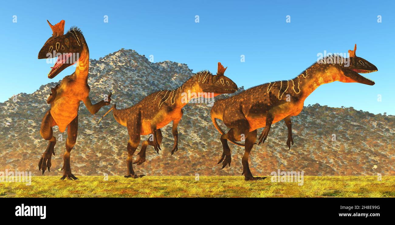 Los dinosaurios criolophosauros cazan juntos para ser presa en la Antártida  durante el período Jurásico Fotografía de stock - Alamy