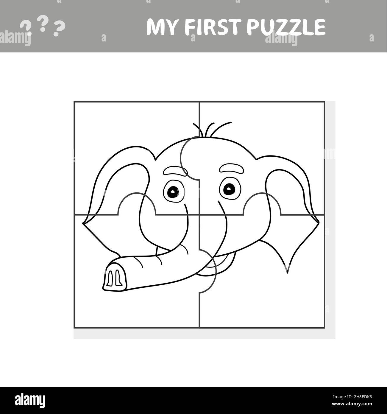 Sencillo juego de papel educativo para niños. Aplicación sencilla para niños con divertida cabeza elefante. Mi primera página de rompecabezas y colorear Imagen Vector stock - Alamy