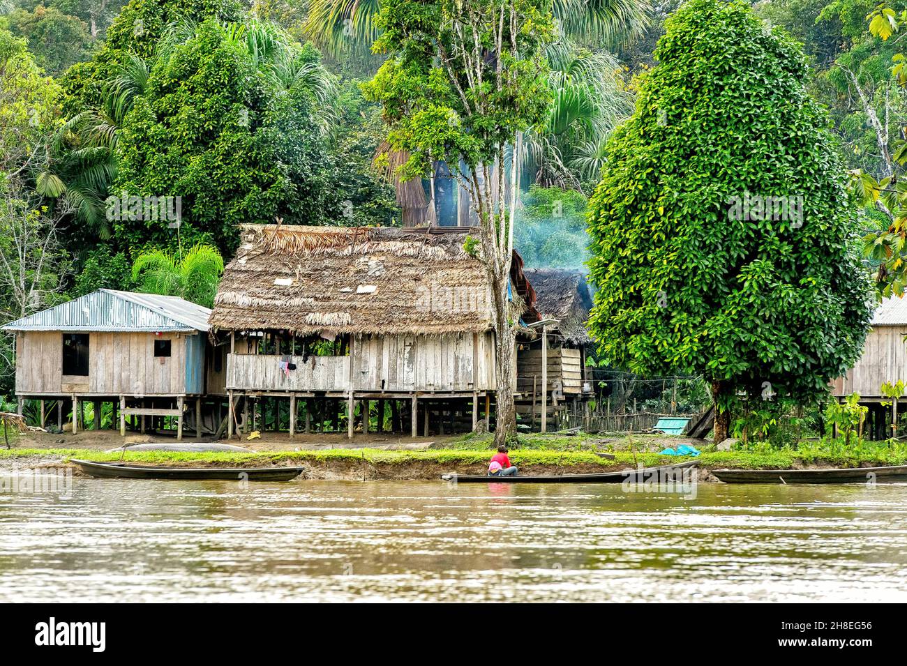 Casas de madera sobre pilotes en un pequeño pueblo a orillas del río Napo en Perú Foto de stock