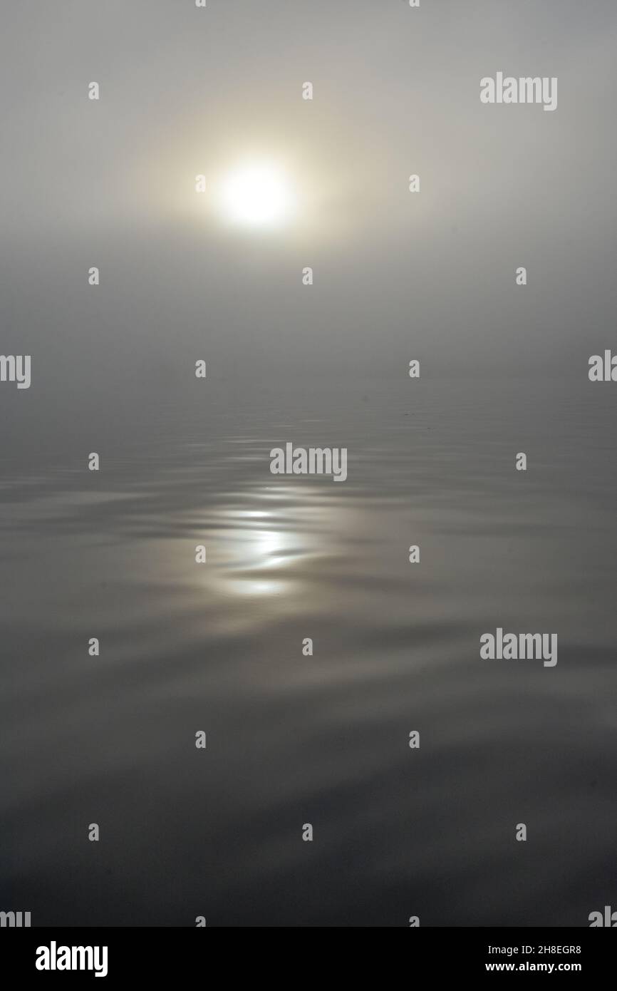 El sol rompe a través de la niebla espesa con reflexión sobre la superficie del agua. Foto de stock