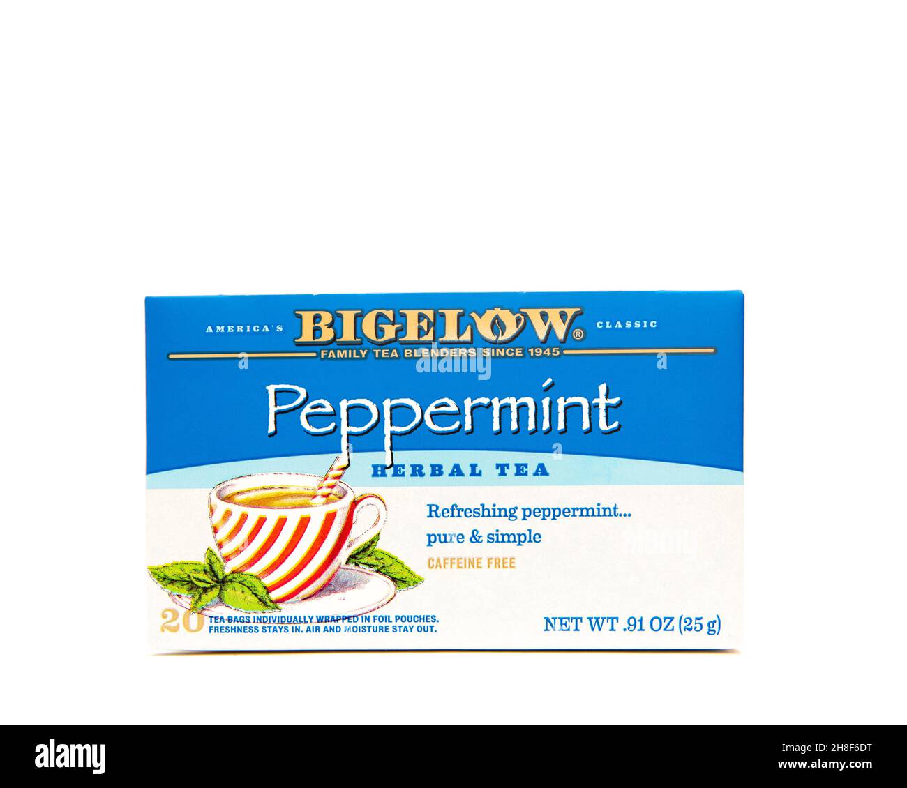 Una caja de 20 bolsas de té de hierbas de menta clásica Bigelow envueltas individualmente Foto de stock