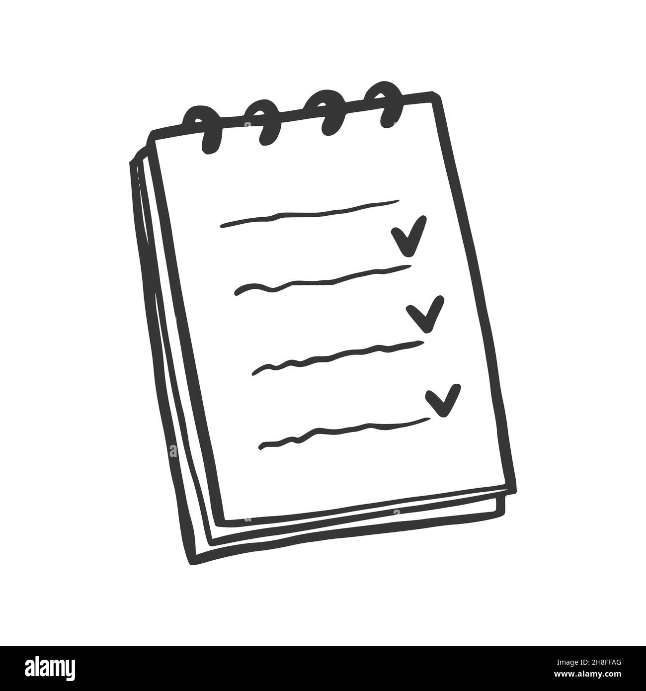 Libreta de cheklist con espiral. Estilo de boceto de tallarines dibujado a  mano. Línea de dibujo Icono de página de lista de comprobación simple.  Ilustración de vector aislado Imagen Vector de stock -