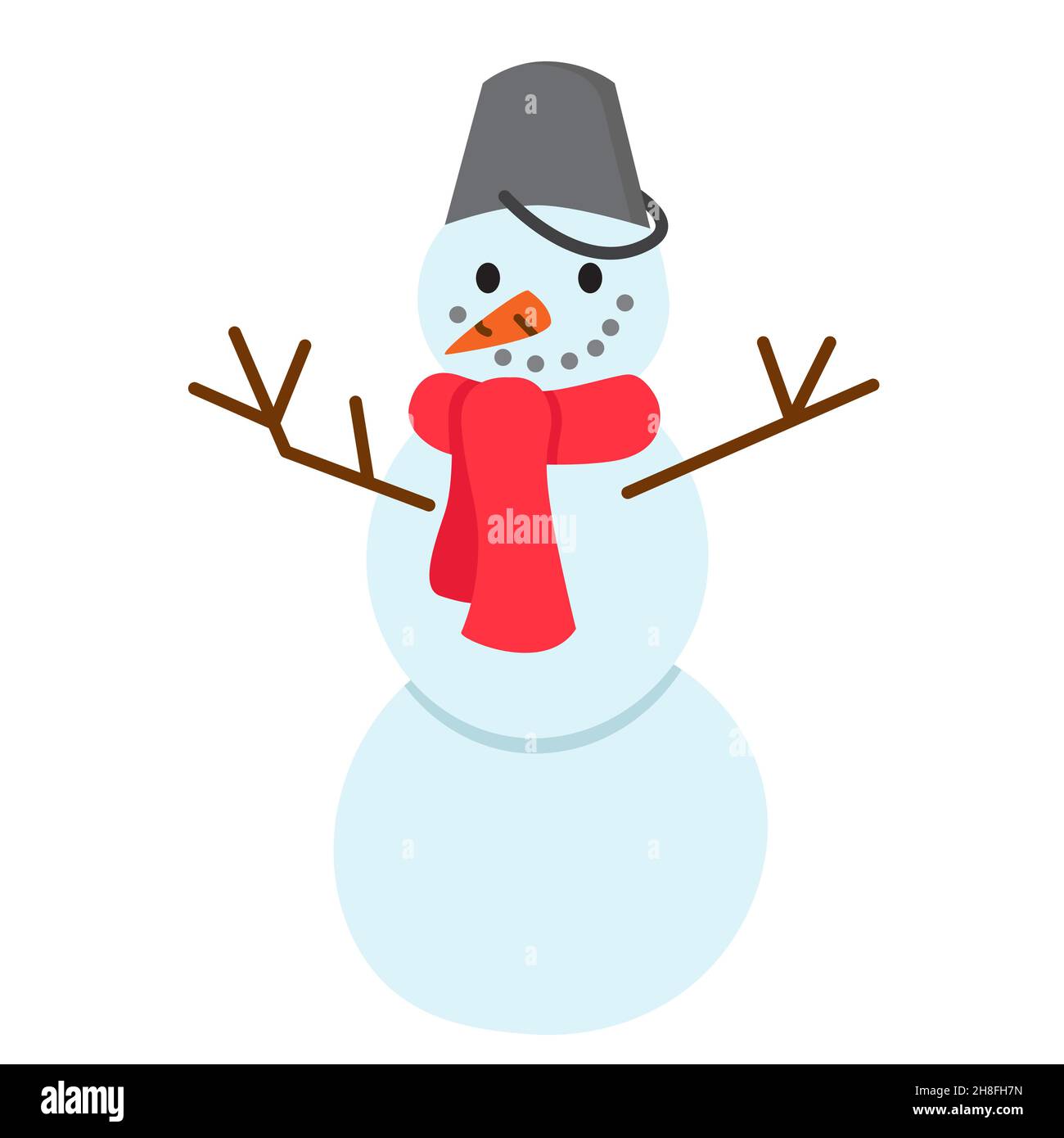 Divertido muñeco de nieve de dibujos animados con bufanda y cubo en la cabeza. Bonita ilustración vectorial de estilo plano. Estampado navideño e invernal. Ilustración de Ilustración del Vector