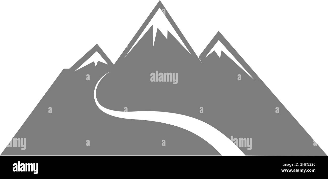 Picos altos con carretera en la parte superior. Símbolo de senderismo. Logotipo de aventura Ilustración del Vector