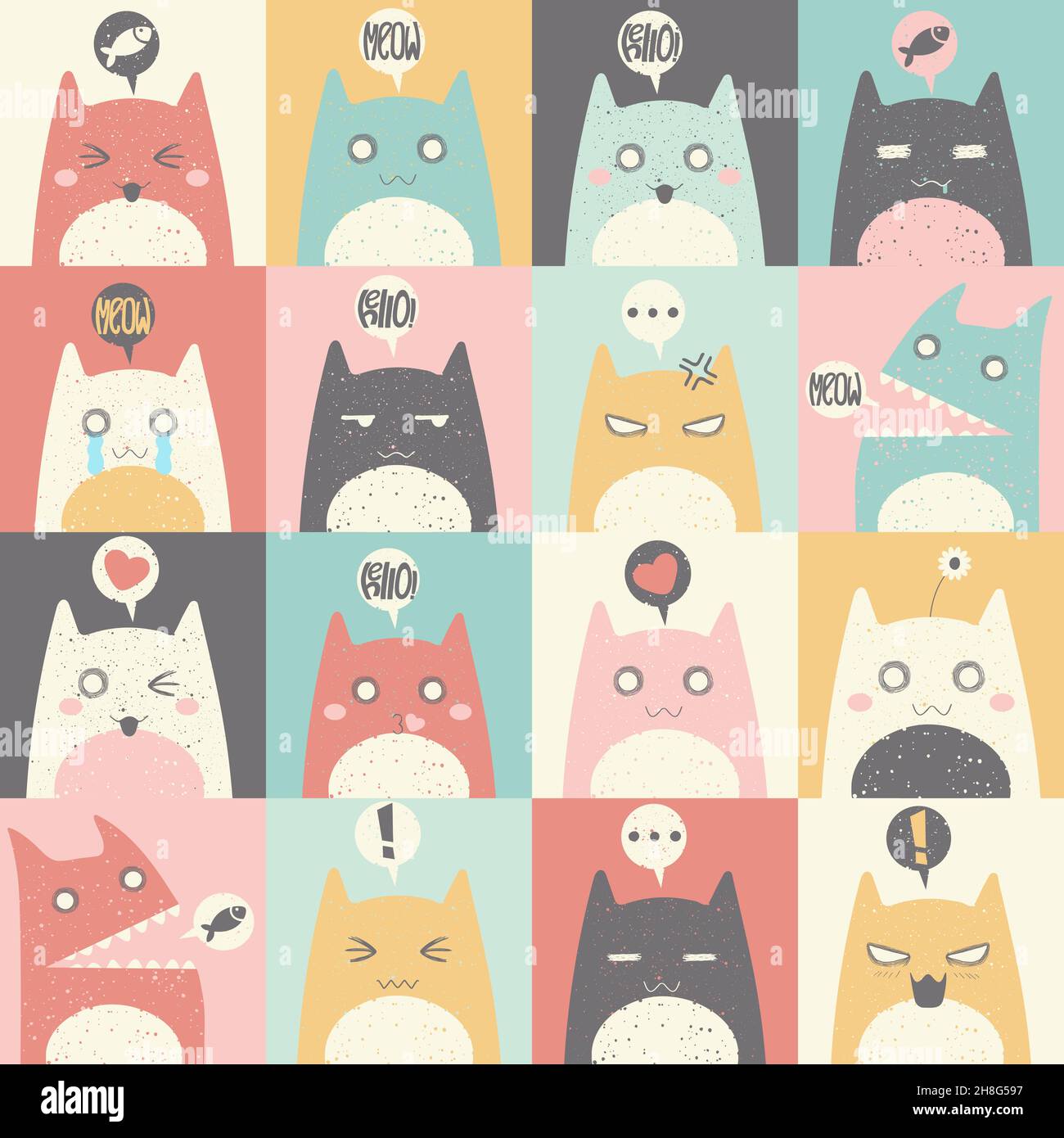Diseño sin costuras con bonitos gatos de colores con diferentes emociones.  Dibujo a mano gatitos personajes de dibujos animados vector de fondo  repetido. Sencillo de estilo plano Imagen Vector de stock -